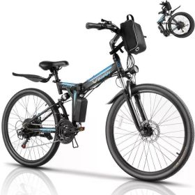 26" Electric Bike for Adults, Folding Electric Mountain Bike with 500W Motor, 48V Removable Lithium-Ion Battery, 21 Speed (Color: Black Blue)