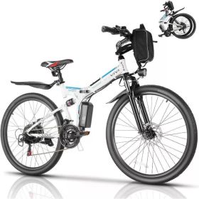 26" Electric Bike for Adults, Folding Electric Mountain Bike with 500W Motor, 48V Removable Lithium-Ion Battery, 21 Speed (Color: White Blue)