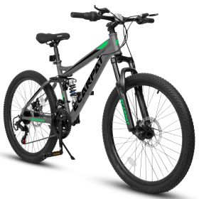 Mountain Bike 24/26/27 Inch Wheels, 21-Speed Full Suspension Mens Womens Trail Commuter City Mountain Bike, Carbon Steel Frame Disc Brakes (Color: Gray, size: 24INCH)