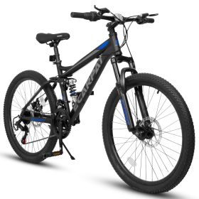Mountain Bike 24/26/27 Inch Wheels, 21-Speed Full Suspension Mens Womens Trail Commuter City Mountain Bike, Carbon Steel Frame Disc Brakes (Color: Black, size: 24INCH)